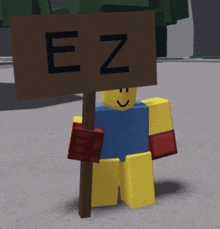 a lego character holding a sign that says ez