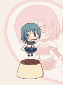 a girl with blue hair is standing on a pudding