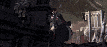 a man in a black cape is standing in front of a large building