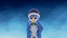 a girl with blue hair is wearing a hat