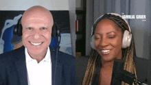 a man and a woman wearing headphones with the jamilia grier show on the bottom