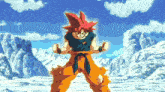 a cartoon character with red hair and orange pants is standing in the snow .