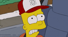 bart simpson wearing a baseball cap with an atom on it