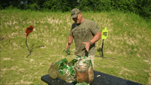 a man wearing a t-shirt that says " just put strong in it "