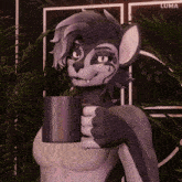 a furry character is holding a mug in front of a luma sign