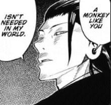 a black and white drawing of a man with a speech bubble that says `` isn t needed in my world . ''
