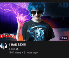 a man with blue hair is wearing sunglasses and a shirt that says project demigod