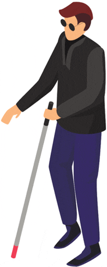 a blind man is walking with a cane and sunglasses on