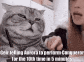 a woman is talking to a cat who is sitting on a table .