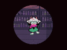 a pixel art of a cat standing in front of a bookshelf