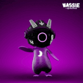 a purple cartoon character with headphones and the name wassie on the bottom