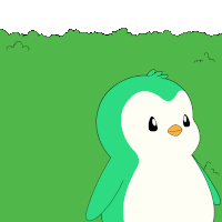 a green and white penguin with a yellow beak