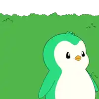 a green and white penguin with a yellow beak