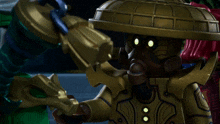 a close up of a lego character with a gold hat on