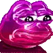 a pixel art drawing of a purple frog with a sad face .