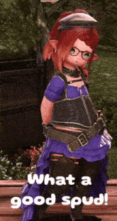 a girl with red hair and glasses stands in front of a wooden fence and says what a good spud