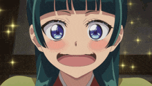 a close up of a girl with blue eyes and green hair