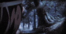 a person is standing in a dark forest with a tree in the background