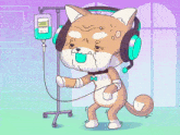 a cartoon of a dog with headphones and an iv drip
