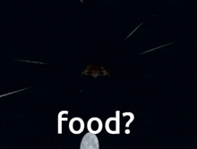 the word food is on a black background with trees in the background