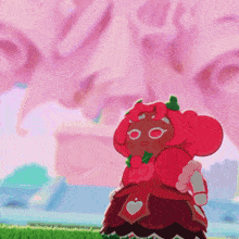 a cartoon character in a red dress stands in front of a pink sky