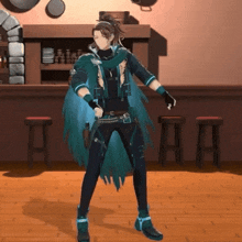 a cartoon character is standing in front of a bar with stools