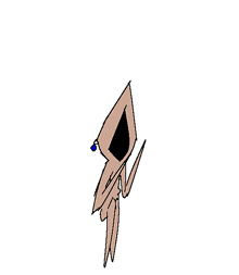 a drawing of a creature with long legs and a blue pendant on its head