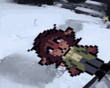 a pixel art of a person in the snow with a red eye