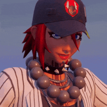 a woman with red hair wearing a hat and a choker