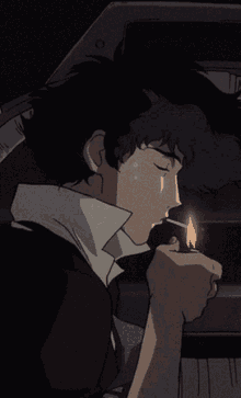 a cowboy bebop character smoking a cigarette in the dark