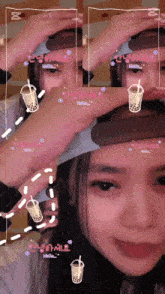 a girl wearing a hat with the word hello written on it