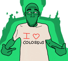 a cartoon of a man wearing an i love colossus shirt