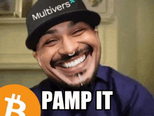 a man wearing a hat that says multivers on it is smiling
