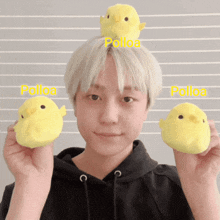a person holding a stuffed chicken with the word polloa written on it