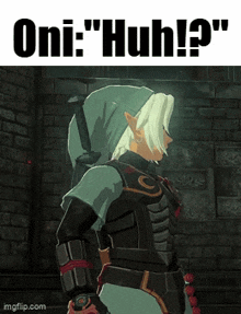 a video game character is standing in front of a brick wall and says " oni huh ? "