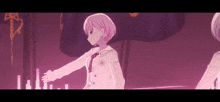 two anime girls are standing next to each other in a dark room