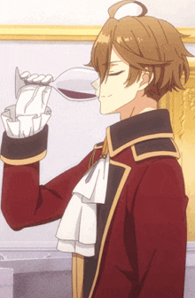 a man in a red jacket is pouring a glass of wine