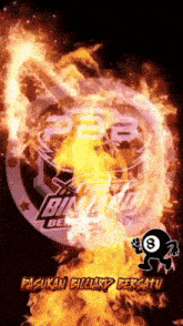 a poster for pasukan billiard bersatu with flames surrounding a pool table