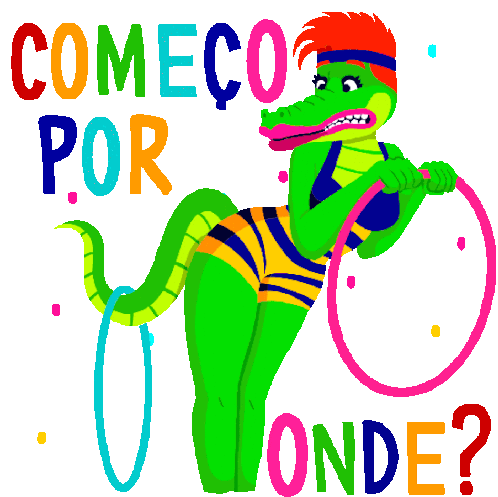 Confused Alligator With Two Hula Hoops Says Where Do I Start In Portuguese Sticker - Hula Hooping Through Life Comeco Por Onde Google Stickers