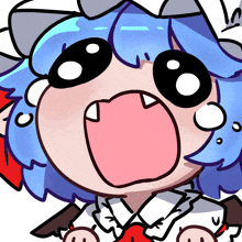 a cartoon drawing of a girl with blue hair and a hat