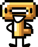 a pixel art drawing of a pencil with a big smile on its face