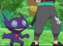 a purple monster is standing next to a person with a backpack .