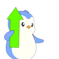 a penguin is holding a green arrow and a bitcoin