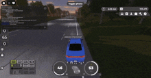 a blue car is driving down a highway in a video game called tuggle phone