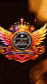 a colorful logo with wings and a crown on a dark background