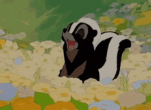 a cartoon skunk is standing in a field of flowers .