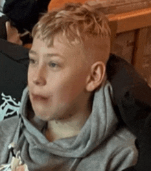 a young boy wearing a gray hoodie and a scarf around his neck is sitting in a chair .