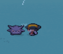 a pixel art of a boy talking to a purple pokemon