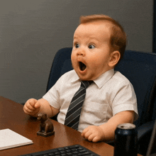 a baby wearing a tie is sitting at a desk with his mouth wide open