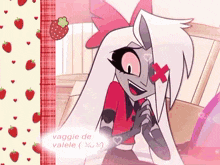 a cartoon character with long white hair and a bow on her head is sitting on a chair .